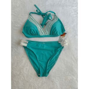 Teal Halter Top Bikini with Lace Trim NWT Size Large, UPF 50, Cute, Bright